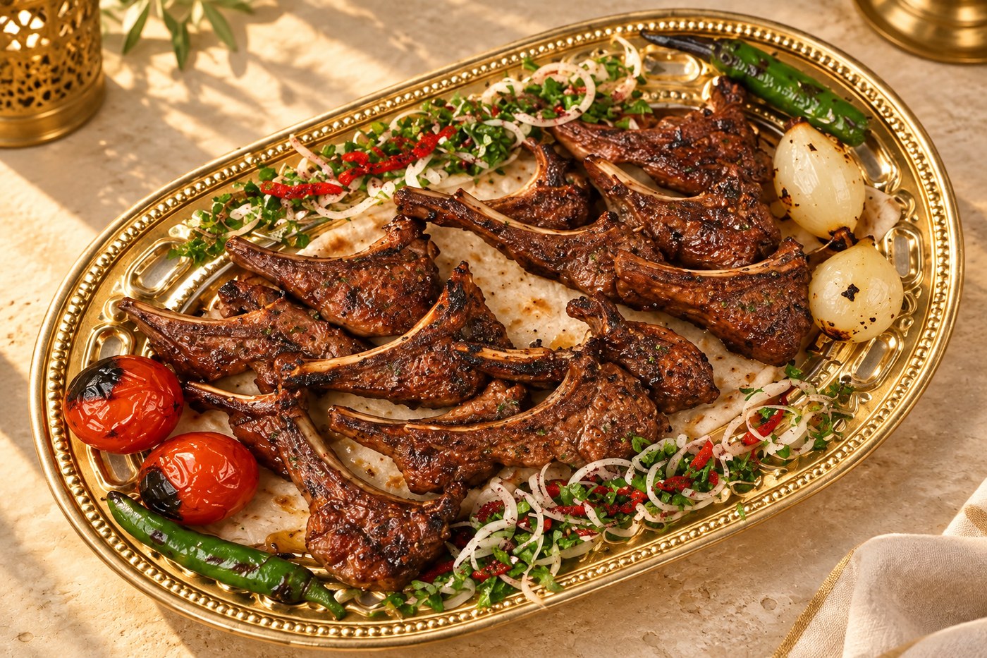 ريش خاروف مشوية على صينية الليث الذهبية
